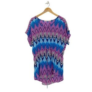 Gibson 100% Silk Cinched Waist Tunic Blouse Women’s S | Blue & Plum Floral Print